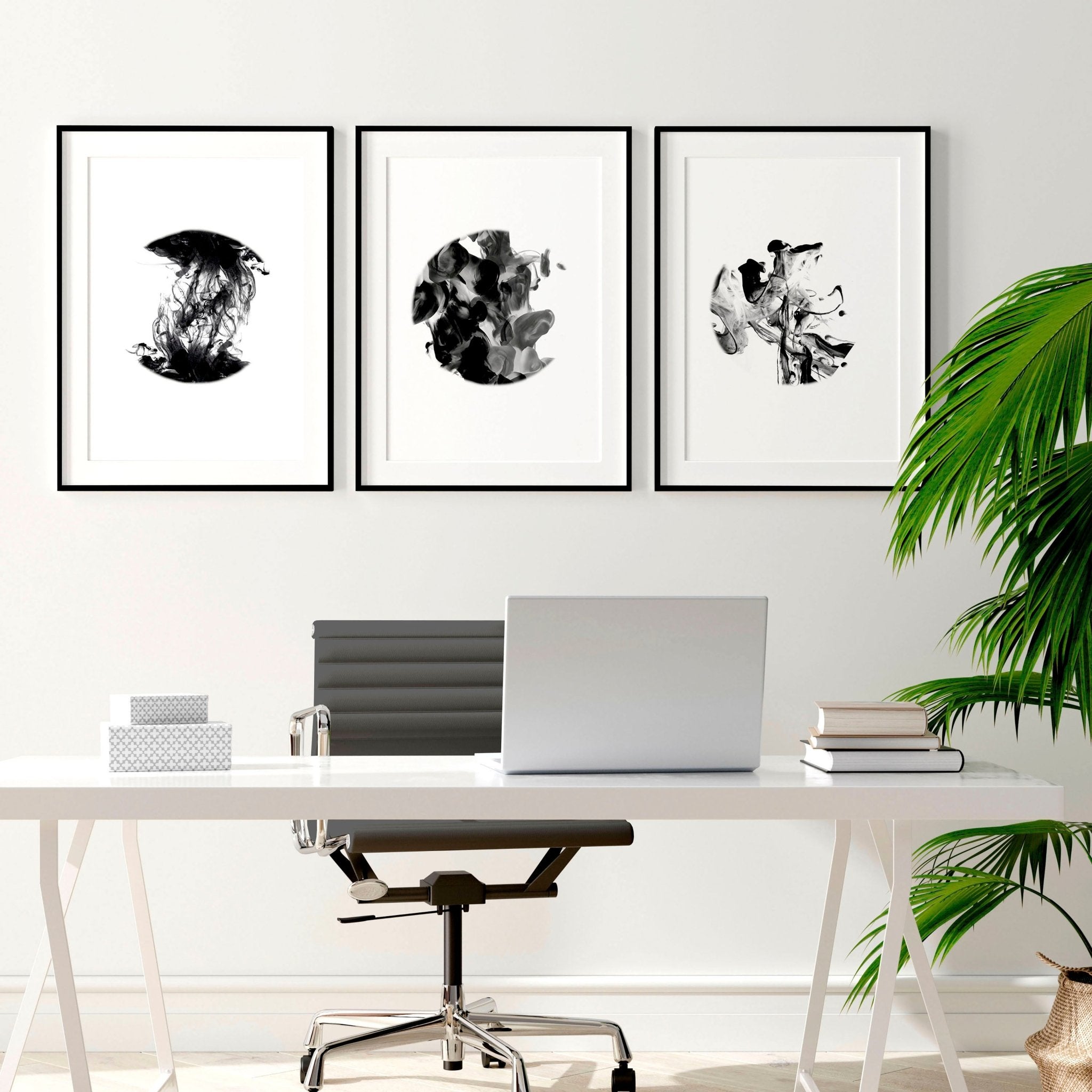 Set of 3 abstract framed wall art prints for office decor, featuring vibrant colors and modern designs in sleek black and white frames.