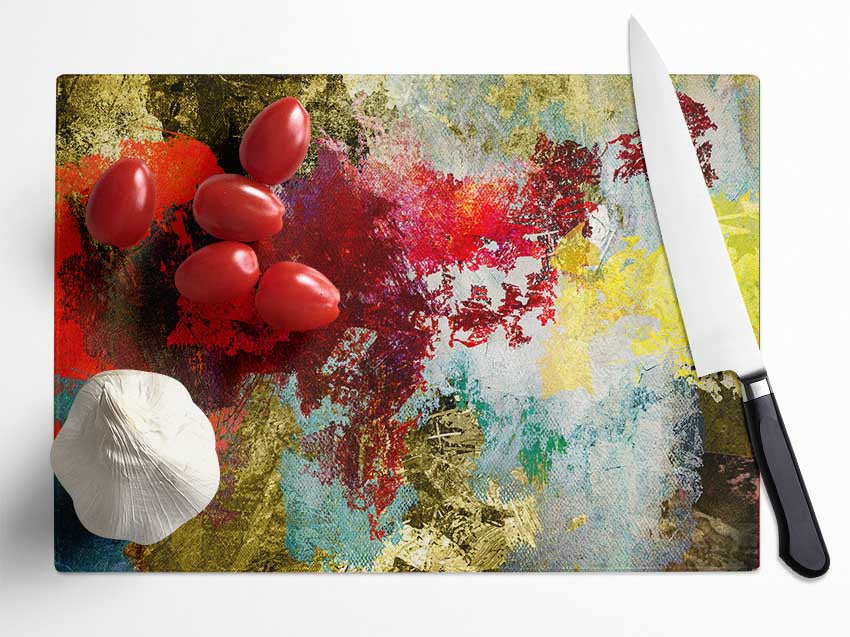 Abstract World grunge map chopping board made from tempered glass, featuring a unique artistic design and anti-slip base.