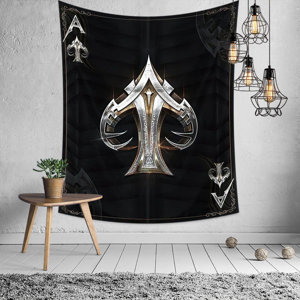 Ace of Spades tapestry featuring a vibrant design, made of soft polyester fabric, ideal for wall hanging and versatile use.