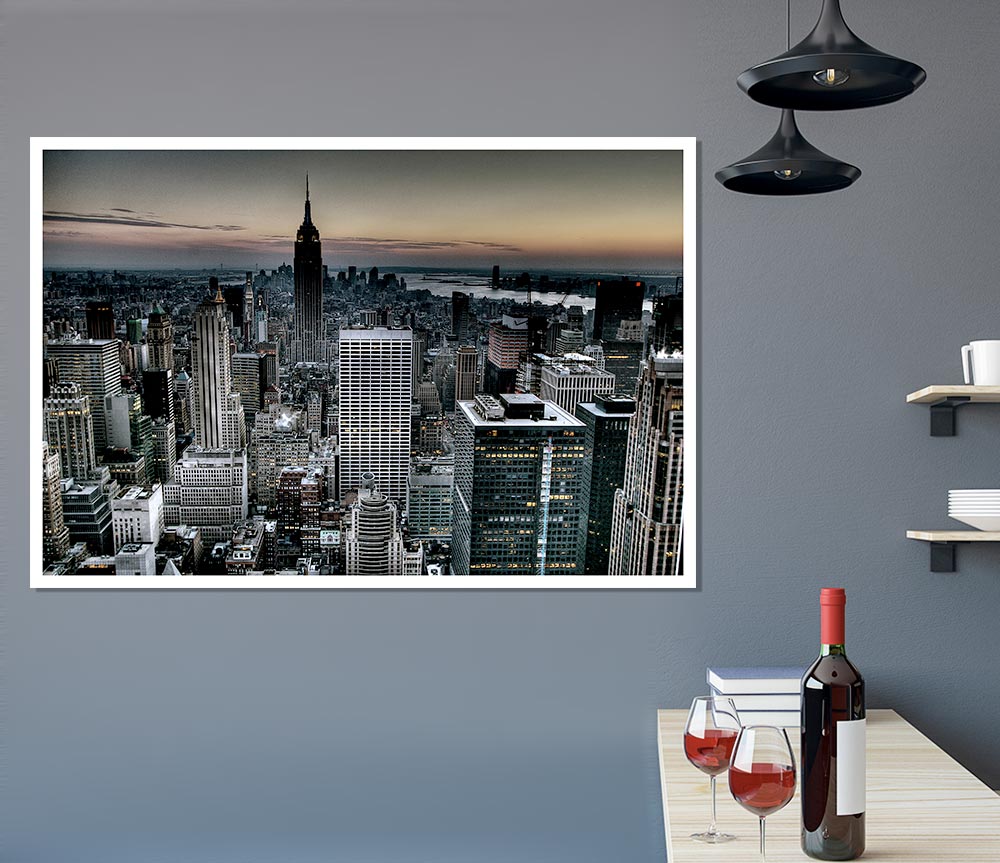 A vibrant canvas poster featuring the iconic skyline and landmarks of New York City, showcasing its dynamic urban landscape.