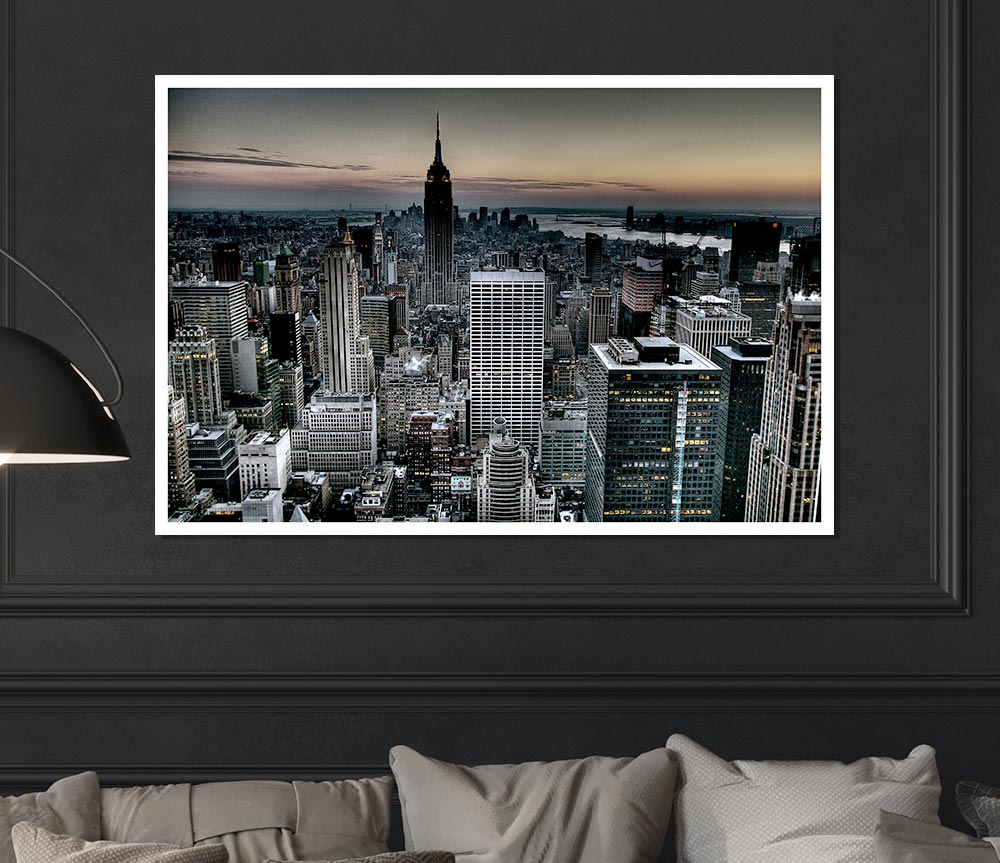 A vibrant canvas poster featuring the iconic skyline and landmarks of New York City, showcasing its dynamic urban landscape.