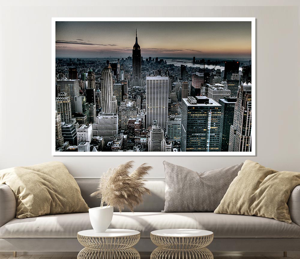 A vibrant canvas poster featuring the iconic skyline and landmarks of New York City, showcasing its dynamic urban landscape.