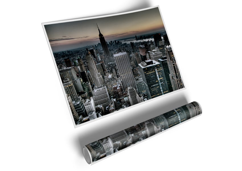 A vibrant canvas poster featuring the iconic skyline and landmarks of New York City, showcasing its dynamic urban landscape.