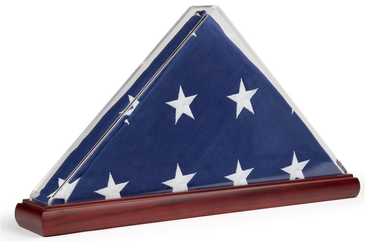 Acrylic flag display case with a wooden base, showcasing a folded 5' x 8' flag, ideal for honoring veterans.