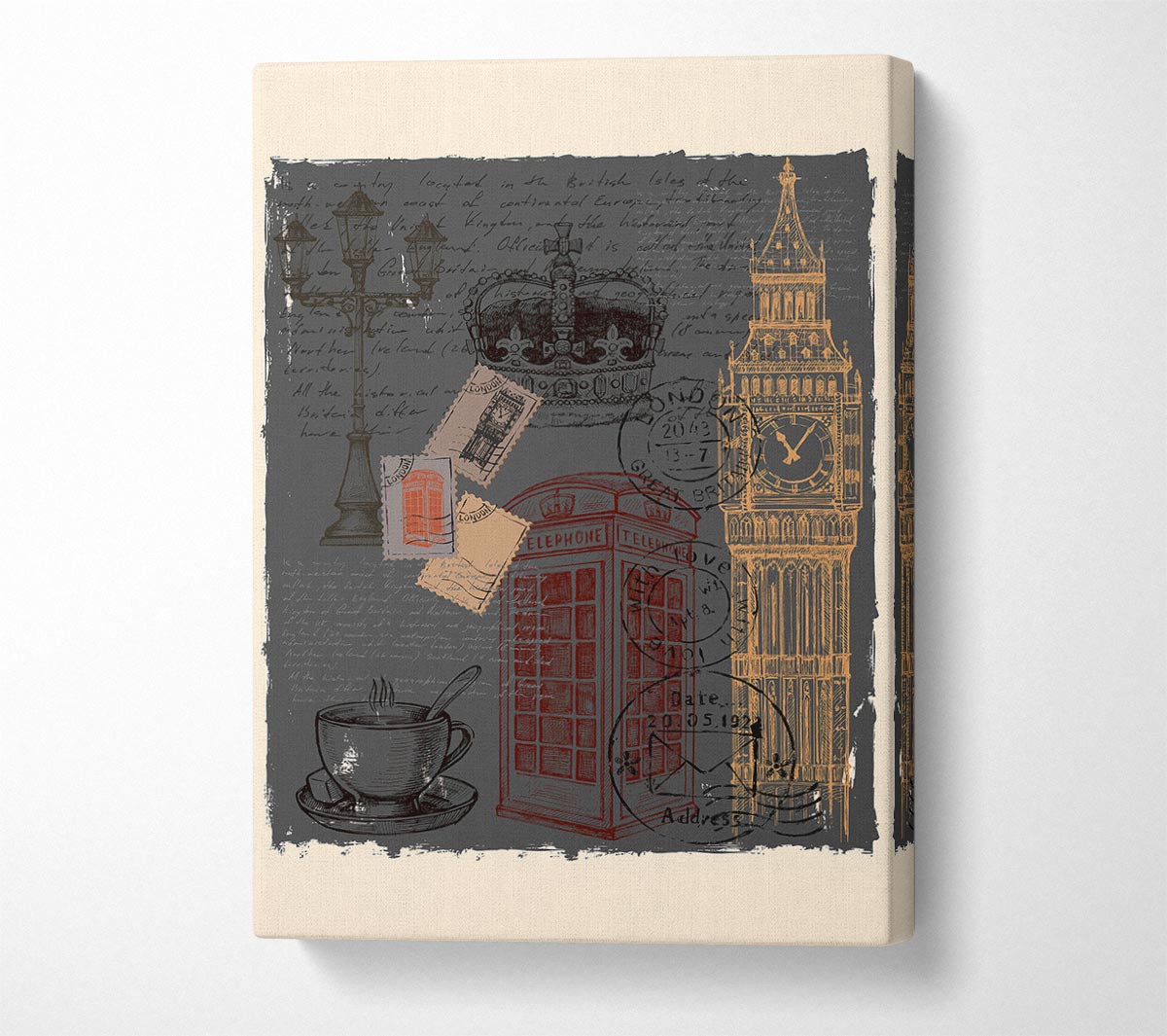 A vibrant canvas art piece featuring iconic London imagery, mounted on a sturdy 44mm box frame, ready to hang.