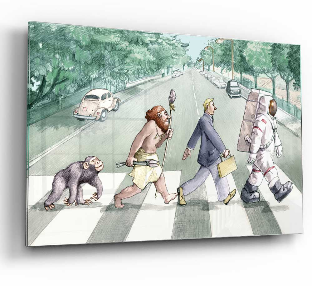 A modern glass print titled 'Advancement Of Civilisation' showcasing vibrant colors and contemporary design, perfect for home decor.