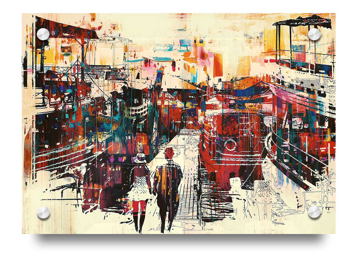 Adventure In The City acrylic print on 5mm thick acrylic glass, showcasing vibrant urban landscape art ready to hang.