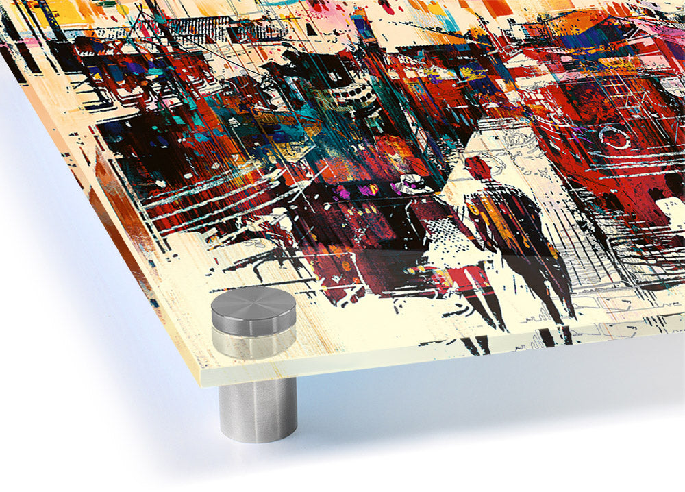 Adventure In The City acrylic print on 5mm thick acrylic glass, showcasing vibrant urban landscape art ready to hang.