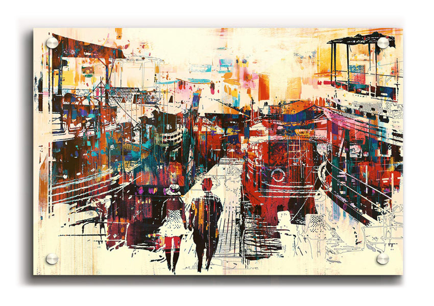 Adventure In The City acrylic print on 5mm thick acrylic glass, showcasing vibrant urban landscape art ready to hang.