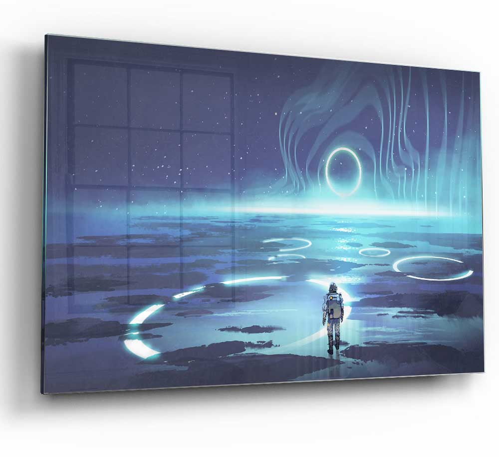 Adventure Waits In The Cosmos glass print featuring vibrant cosmic design, perfect for modern decor.