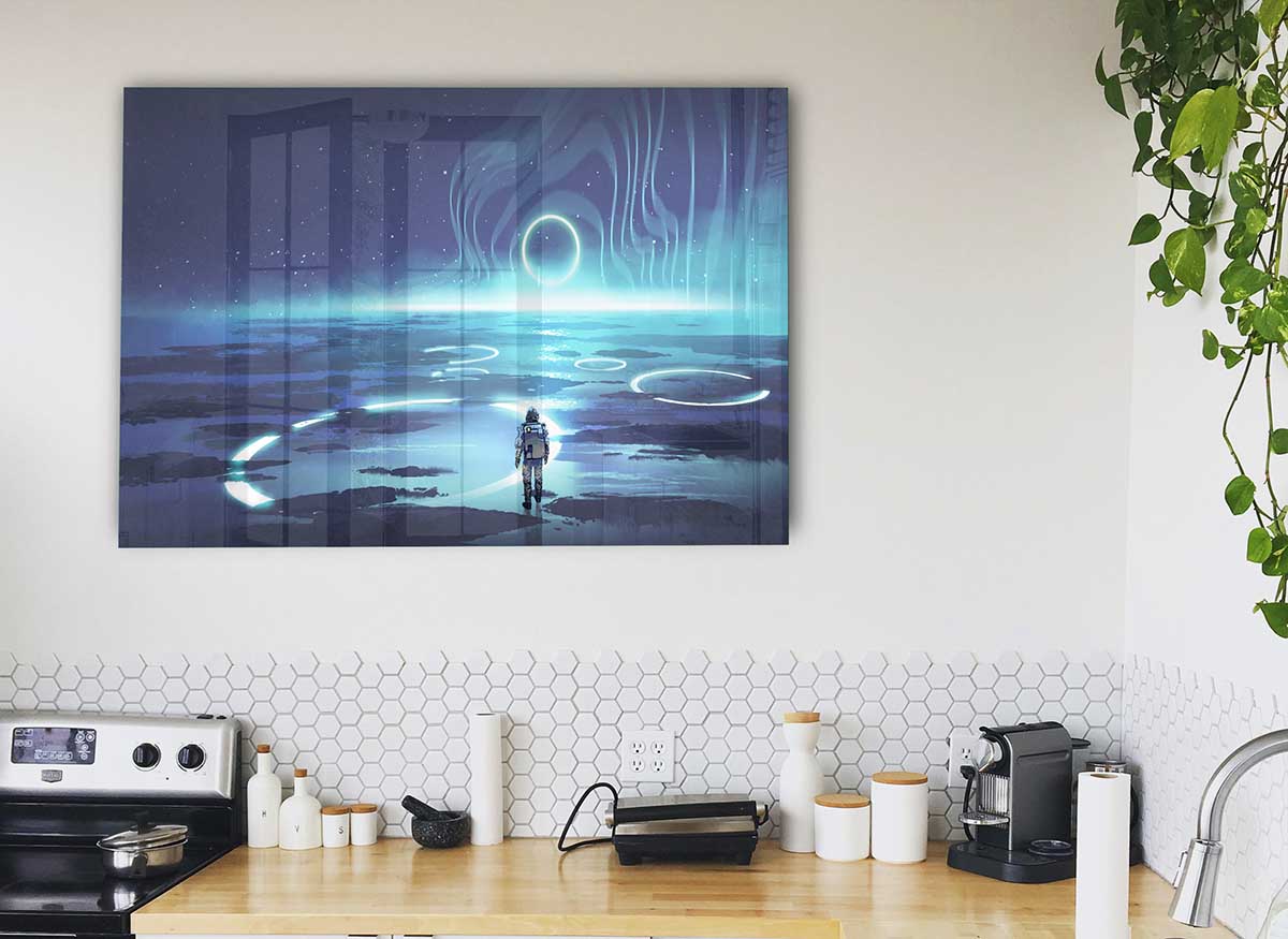 Adventure Waits In The Cosmos glass print featuring vibrant cosmic design, perfect for modern decor.