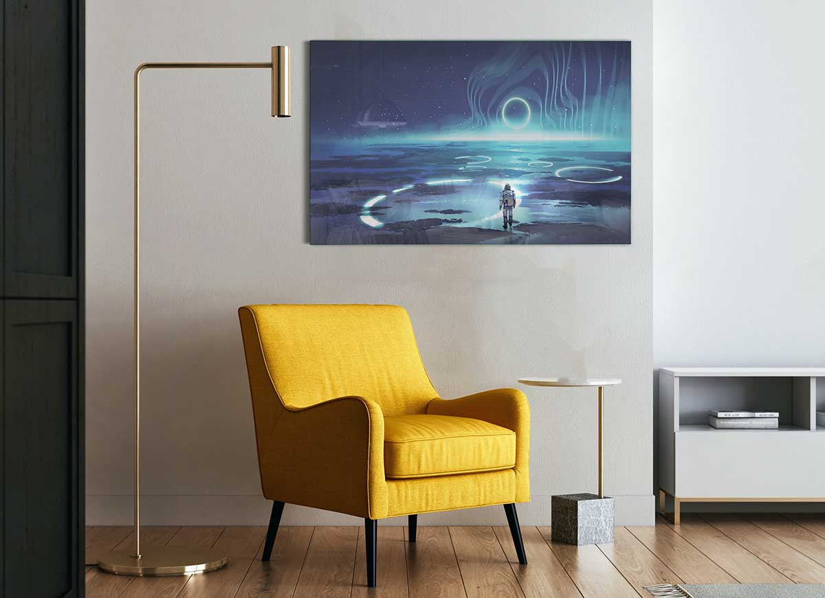 Adventure Waits In The Cosmos glass print featuring vibrant cosmic design, perfect for modern decor.