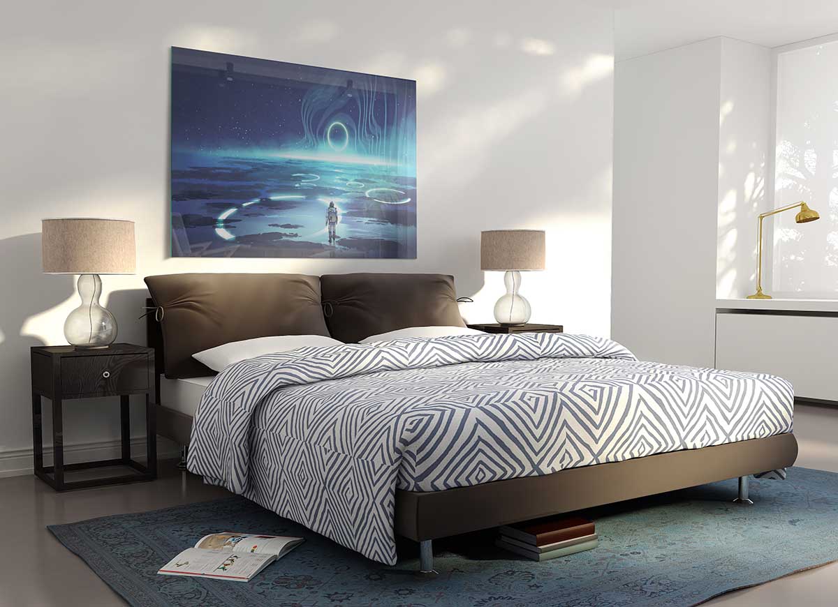 Adventure Waits In The Cosmos glass print featuring vibrant cosmic design, perfect for modern decor.