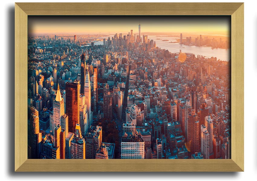 Aerial view of a city at sunset, framed print with vibrant colors and intricate details, ready to hang.