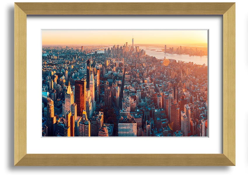 Aerial view of a city at sunset, framed print with vibrant colors and intricate details, ready to hang.
