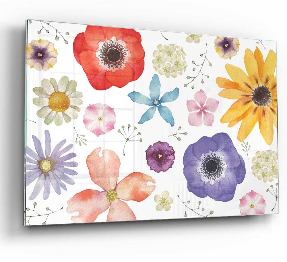 Aerial View Flowers glass print showcasing vibrant floral patterns in a modern design, perfect for home decor.