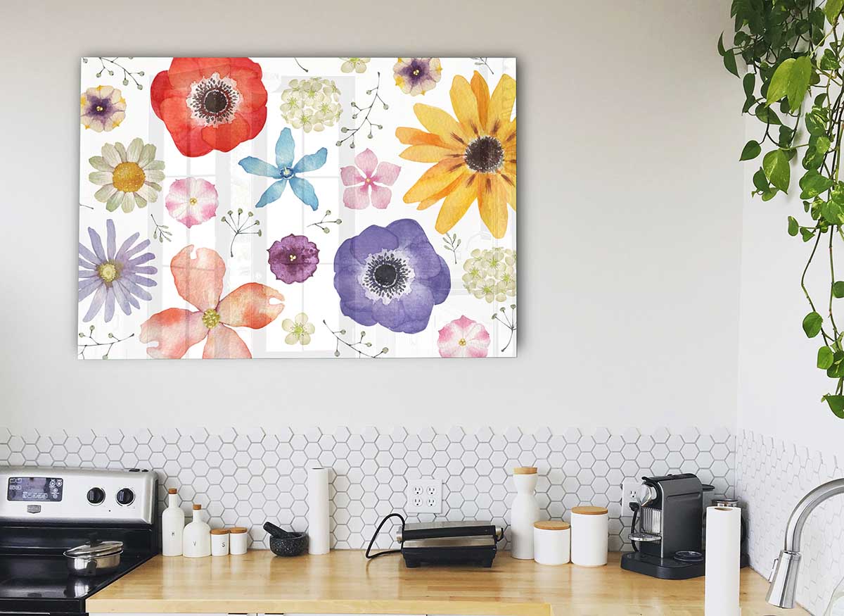 Aerial View Flowers glass print showcasing vibrant floral patterns in a modern design, perfect for home decor.