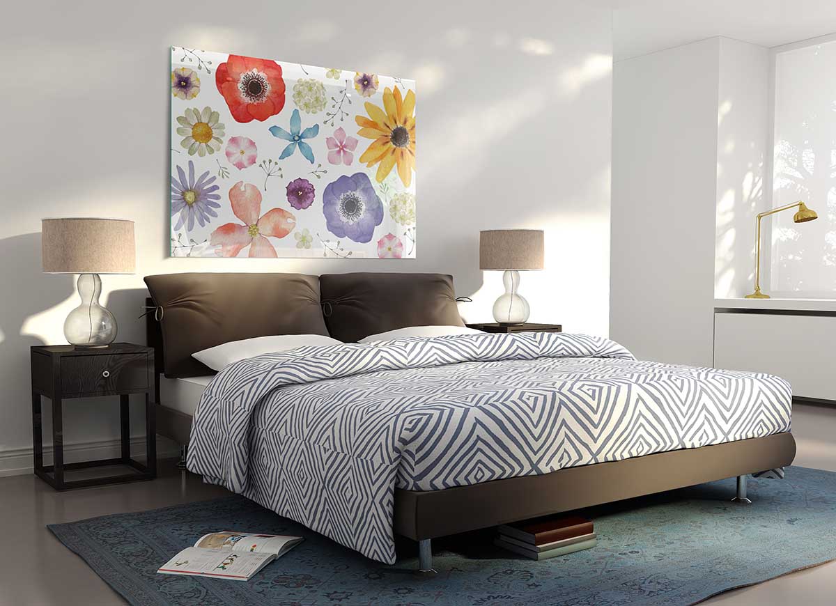 Aerial View Flowers glass print showcasing vibrant floral patterns in a modern design, perfect for home decor.