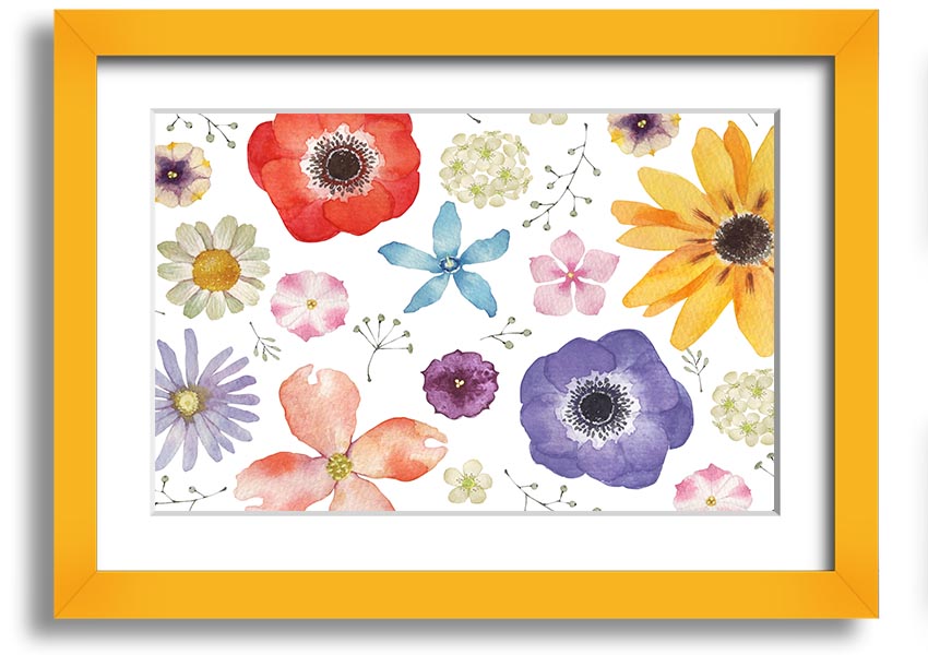 Aerial view of colorful flowers framed print, showcasing vibrant colors and intricate details, ready to hang.