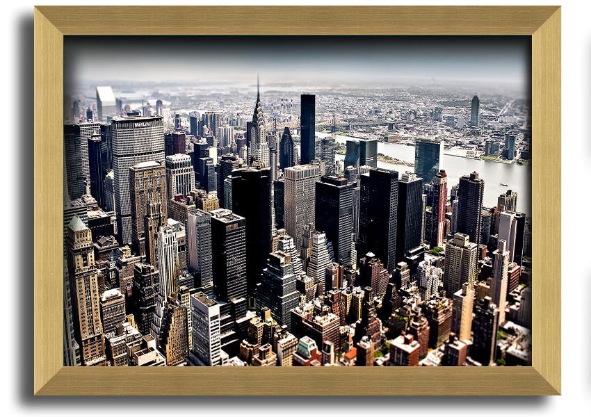 Framed print of an aerial view of New York City showcasing the skyline and urban landscape.