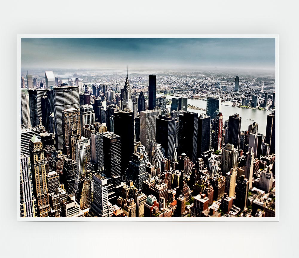 Aerial view of New York City showcasing skyscrapers and urban landscape on a high-quality canvas poster.