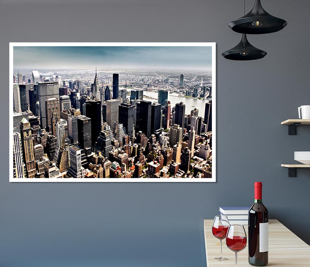 Aerial view of New York City showcasing skyscrapers and urban landscape on a high-quality canvas poster.