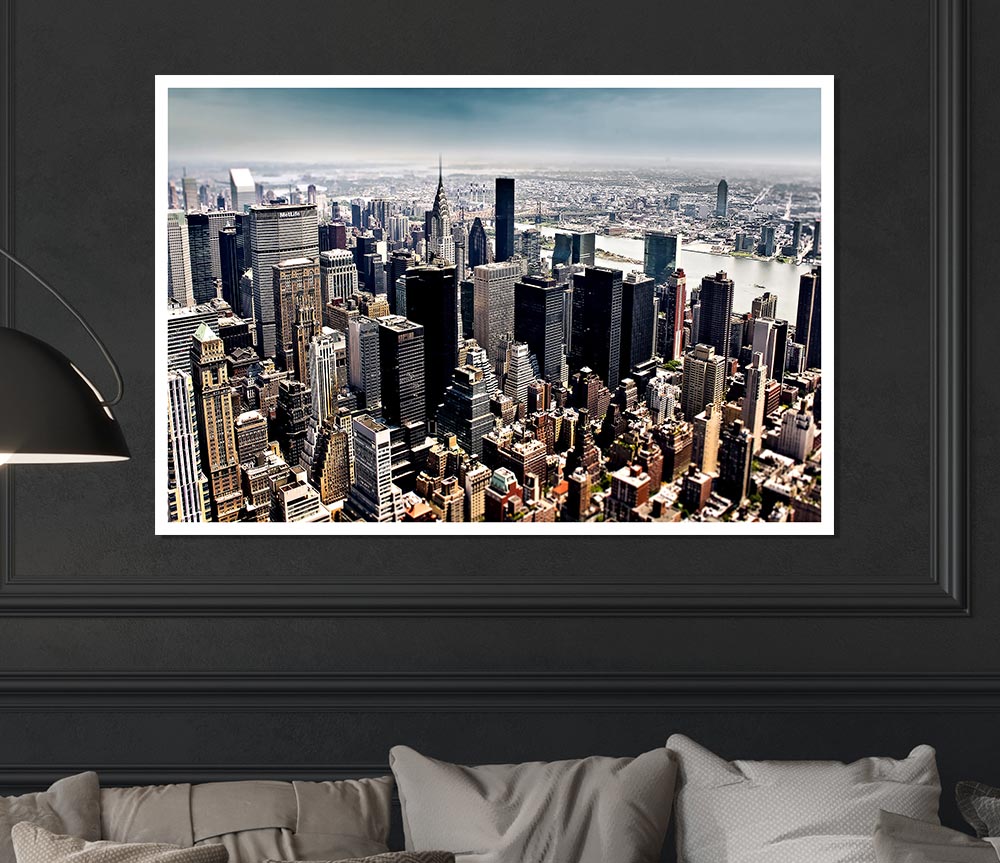 Aerial view of New York City showcasing skyscrapers and urban landscape on a high-quality canvas poster.