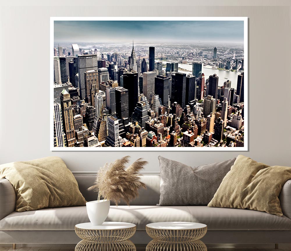 Aerial view of New York City showcasing skyscrapers and urban landscape on a high-quality canvas poster.