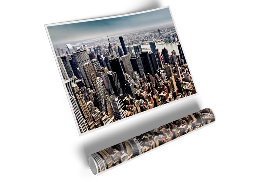 Aerial view of New York City showcasing skyscrapers and urban landscape on a high-quality canvas poster.