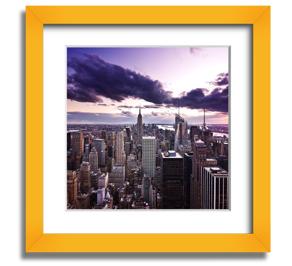 Aerial view of New York City skyline at dusk, framed in a stylish square frame, showcasing vibrant city lights.