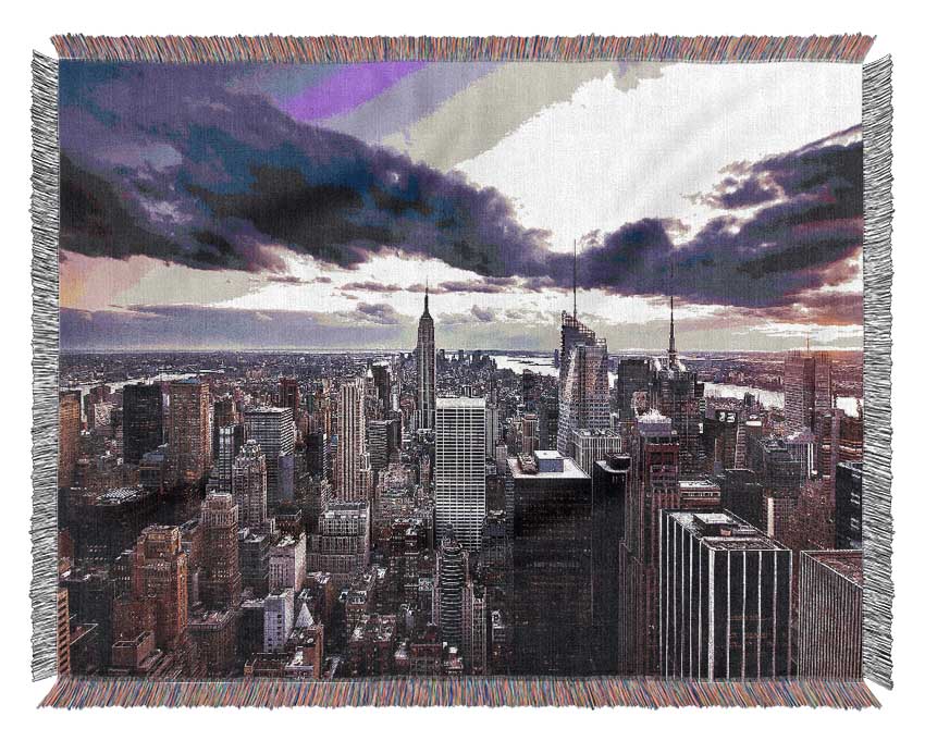 Luxurious throw blanket featuring an aerial view of New York City at dusk, made from 100% cotton with a thermal weave.