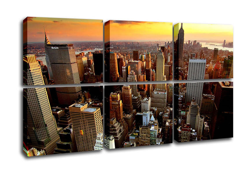Aerial view of New York City at sunset, showcasing vibrant colors and iconic skyline.