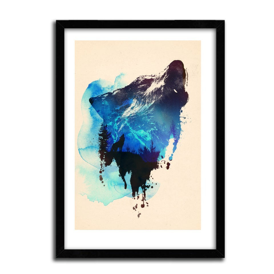 Affiche ALONE AS A WOLF by Robert Farkas, featuring a striking wolf design on fine arts paper, showcasing vibrant colors and intricate details.