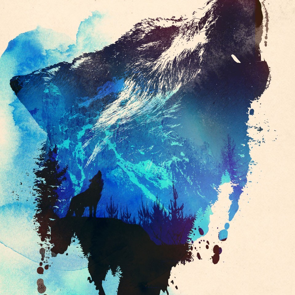 Affiche ALONE AS A WOLF by Robert Farkas, featuring a striking wolf design on fine arts paper, showcasing vibrant colors and intricate details.