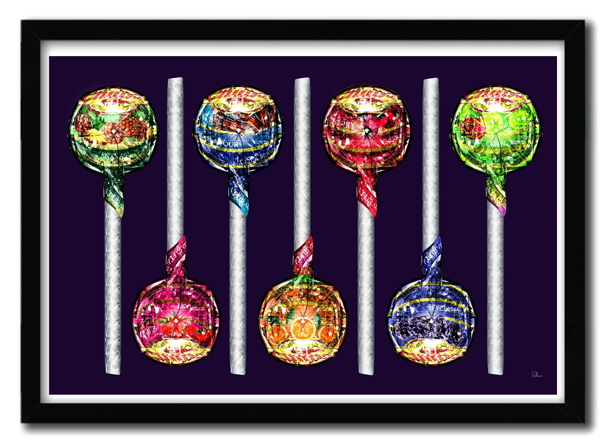 Seven colorful lollipops in row.