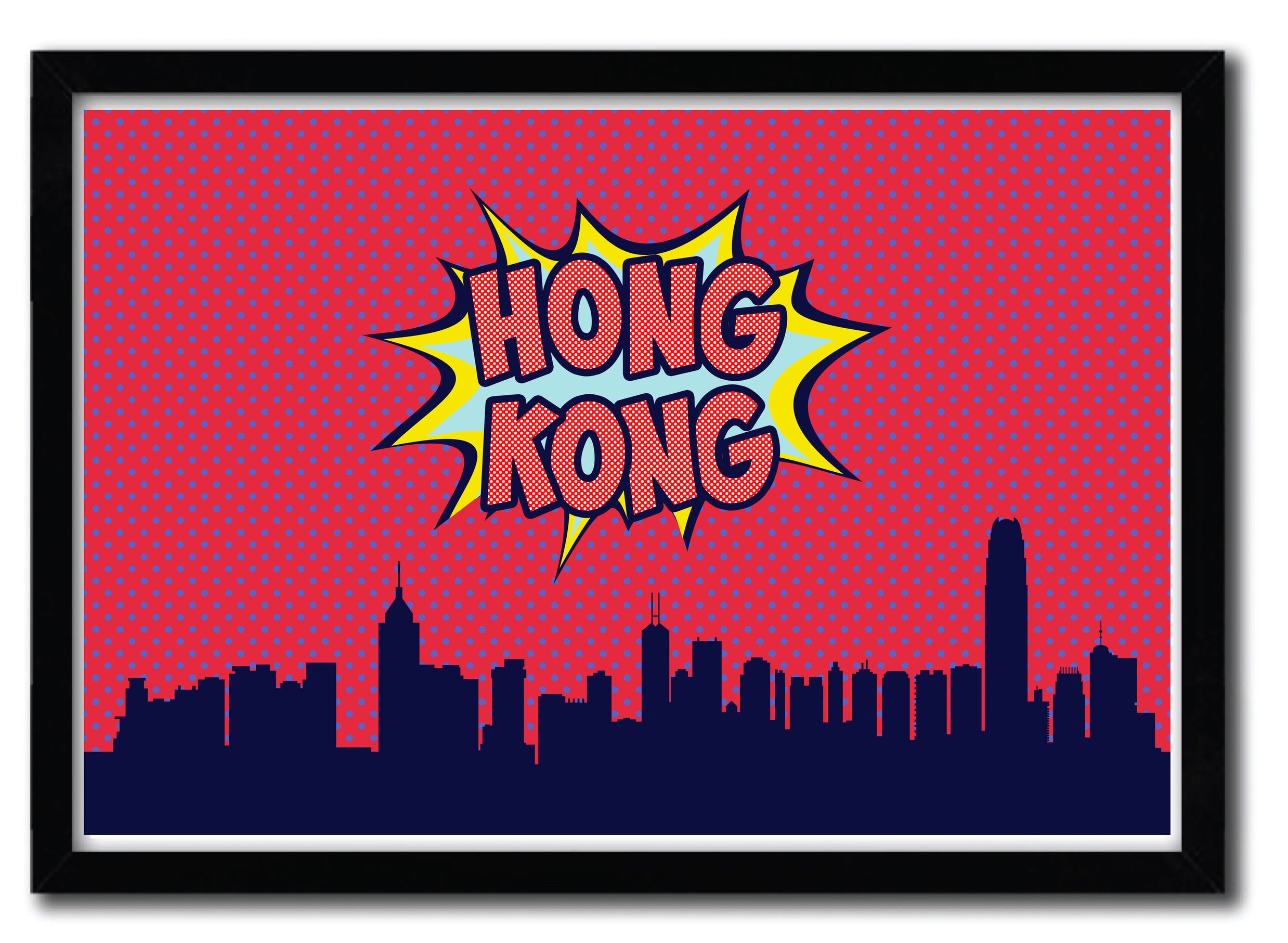 Affiche artistique représentant Hong Kong par Octavian Mielu, imprimée sur papier fine arts avec des couleurs vives.