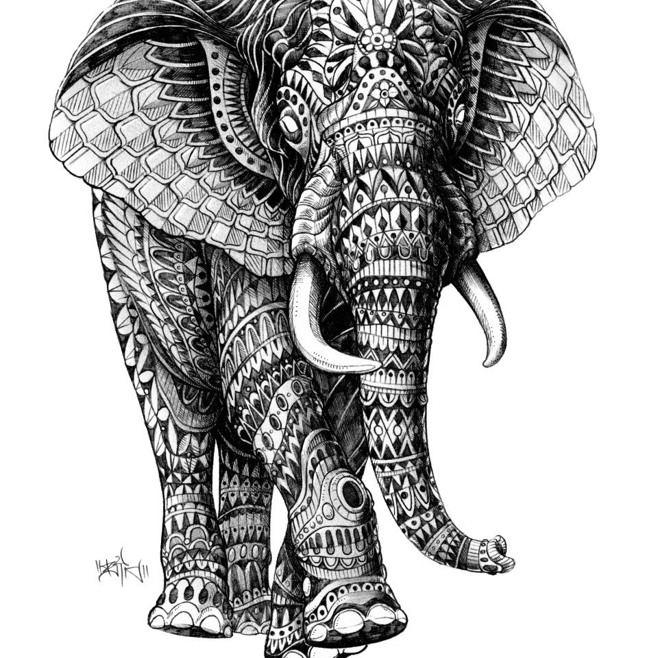 Affiche ORNATE ELEPHANT 2 by BIOWORKZ, a limited edition art print featuring an intricate elephant design on fine arts paper.