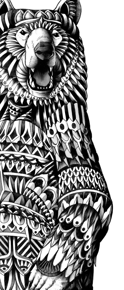 Ornate Grizzly Bear art print by Bioworkz on fine arts paper, showcasing vibrant colors and intricate details.