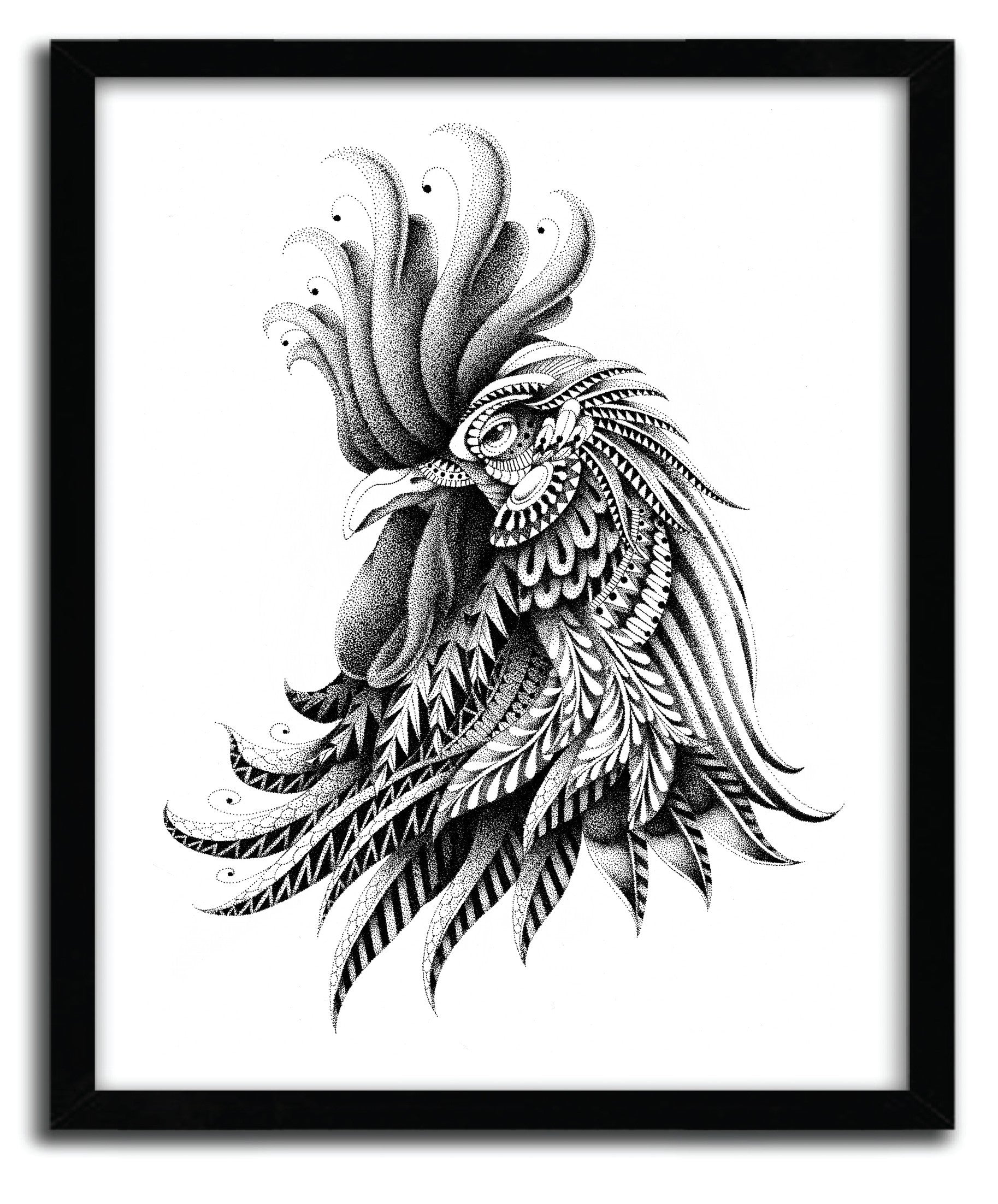 Ornate Rooster print by Bioworkz on fine arts paper, showcasing vibrant colors and intricate details.