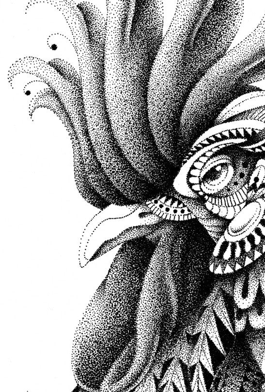 Ornate Rooster print by Bioworkz on fine arts paper, showcasing vibrant colors and intricate details.