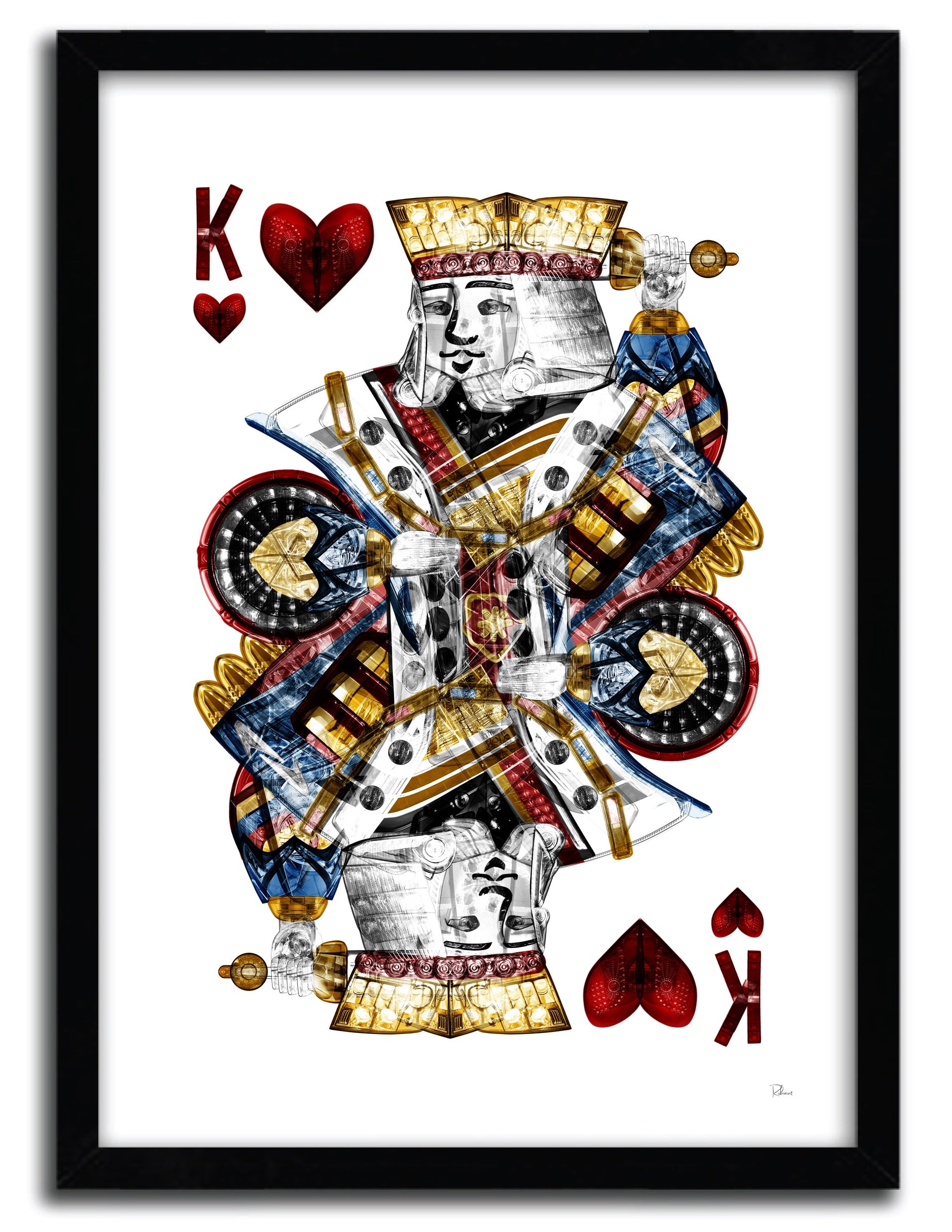 Affiche 'Petit Roi de Coeur en Quête d'Amour' par Rubiant, imprimée sur papier fine arts, avec des couleurs vives et un design captivant.