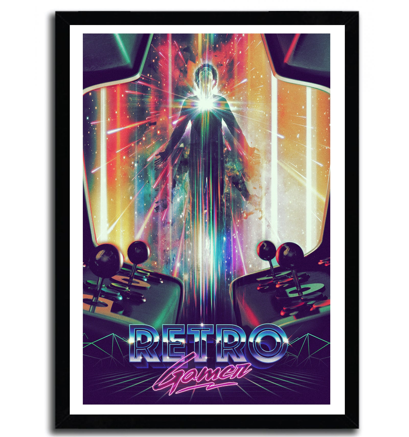 Affiche rétro gamer arcade par Barrett Biggers, imprimée sur papier fine arts avec des encres d’archives, numérotée et signée.