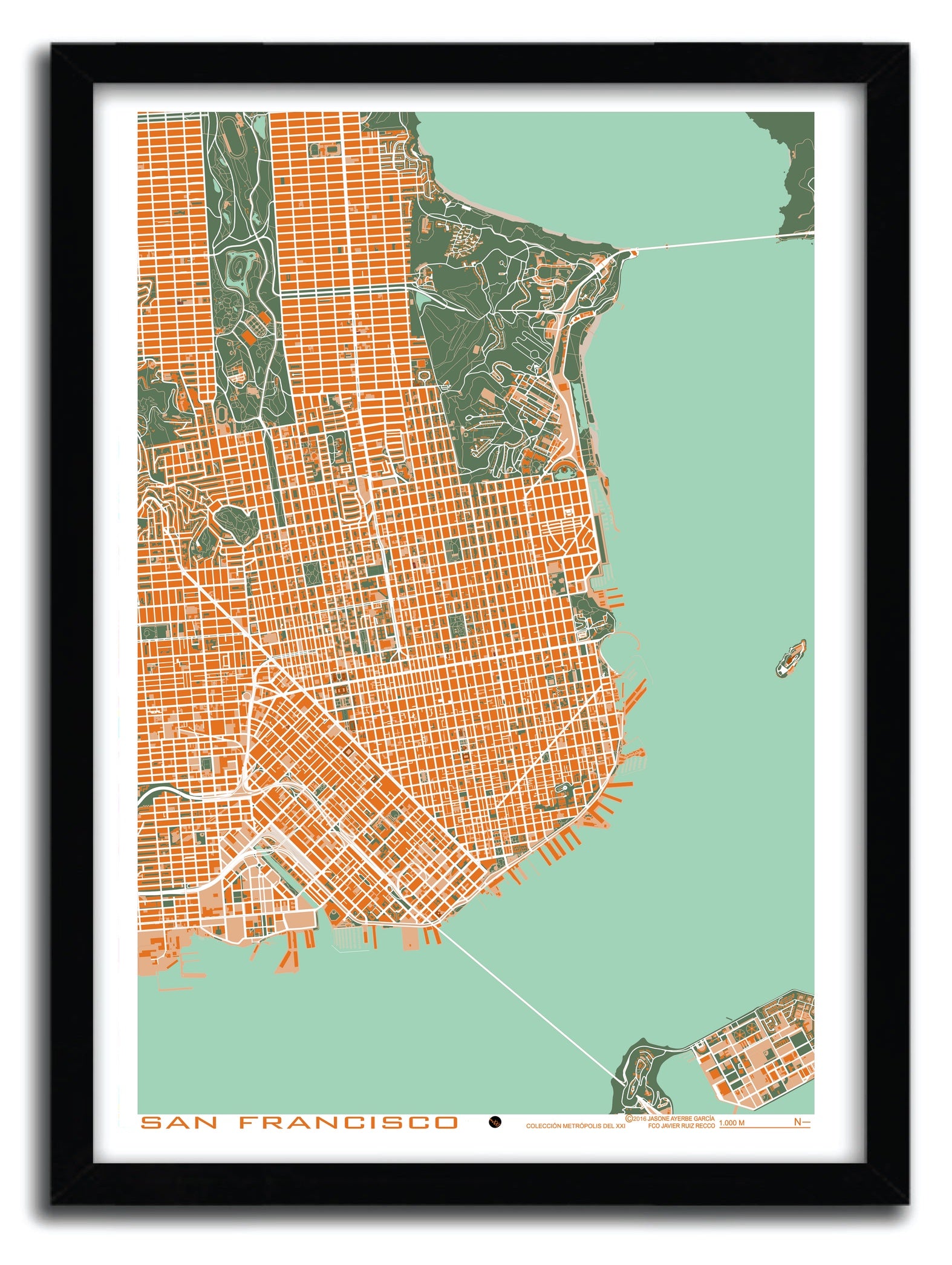 Affiche San Francisco orange by PLANOS URBANOS, a vibrant art print on fine arts paper showcasing the iconic city.