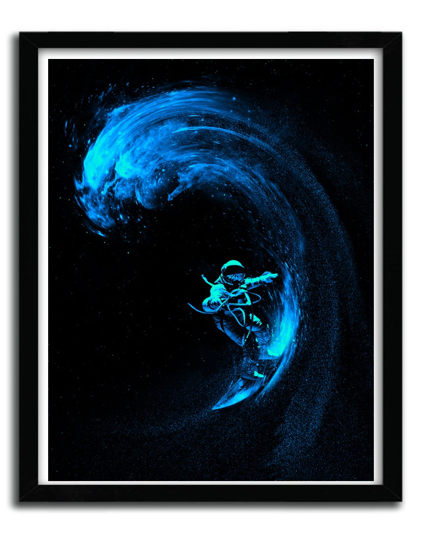 Affiche Space Surfing Blue Wave by Nicebleed, featuring vibrant blue waves and cosmic elements, printed on fine arts paper.