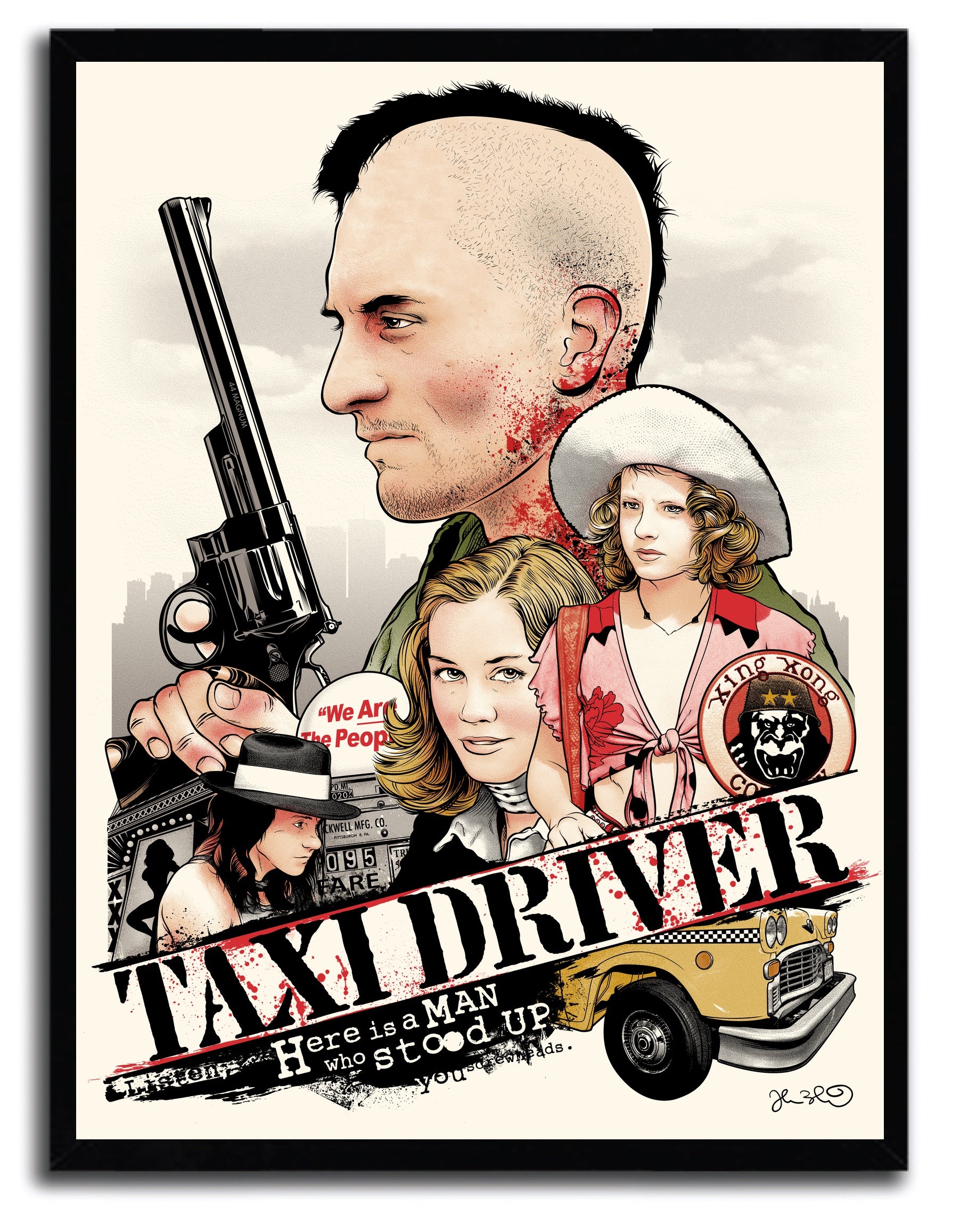 Affiche taxi driver par Joshua Budich, imprimée sur papier fine arts, avec des couleurs vives et un design emblématique.