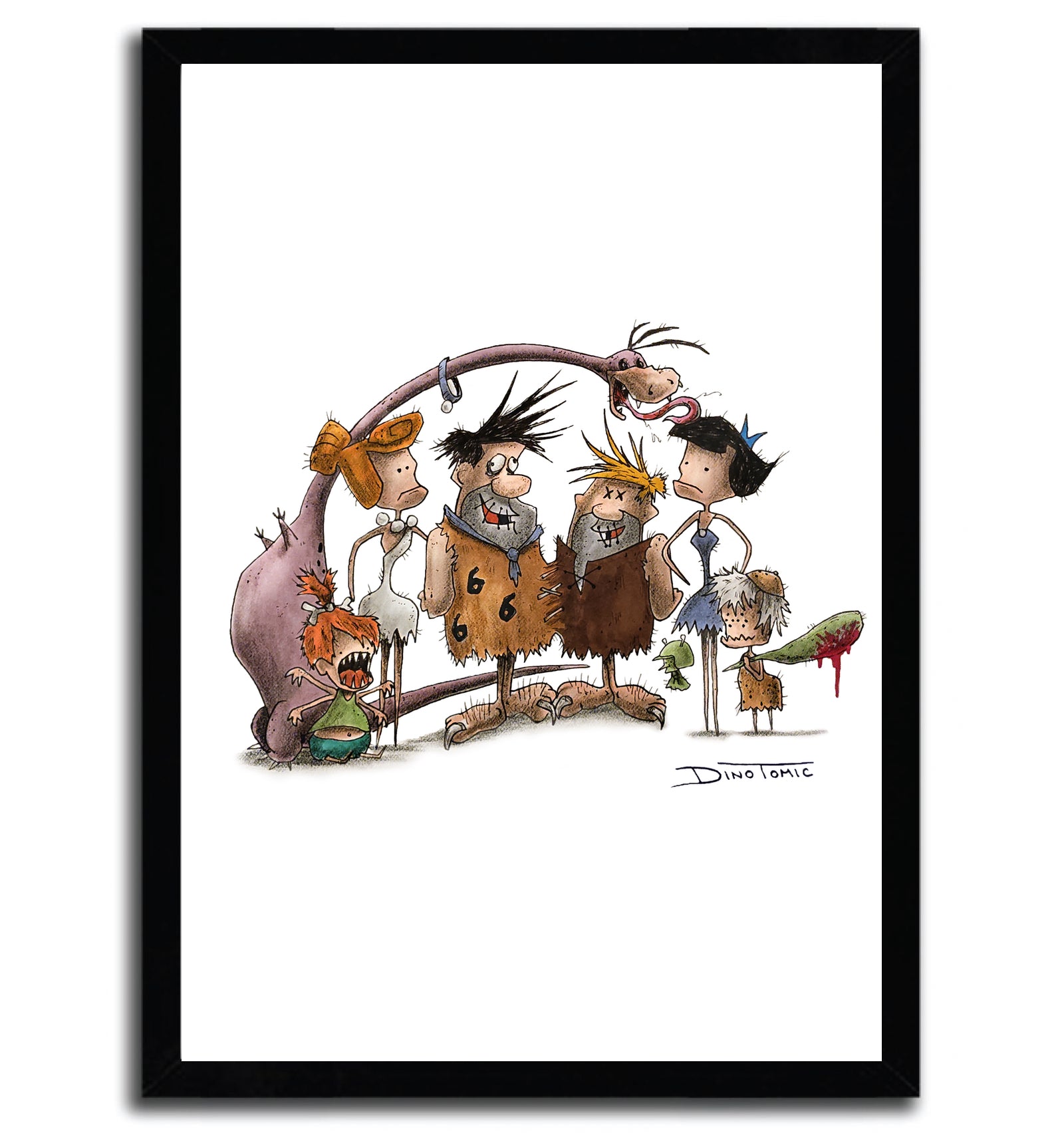 Affiche the Flintstones Creepyfied by DinoTomic, featuring vibrant colors and unique artistic style, printed on fine arts paper.