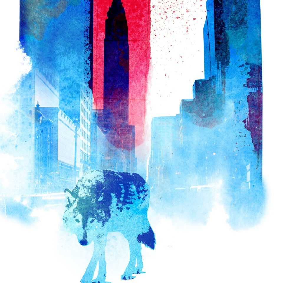 Affiche THE WOLF OF THE CITY by ROBERT FARKAS, a limited edition art print on fine arts paper, showcasing vibrant colors and intricate details.
