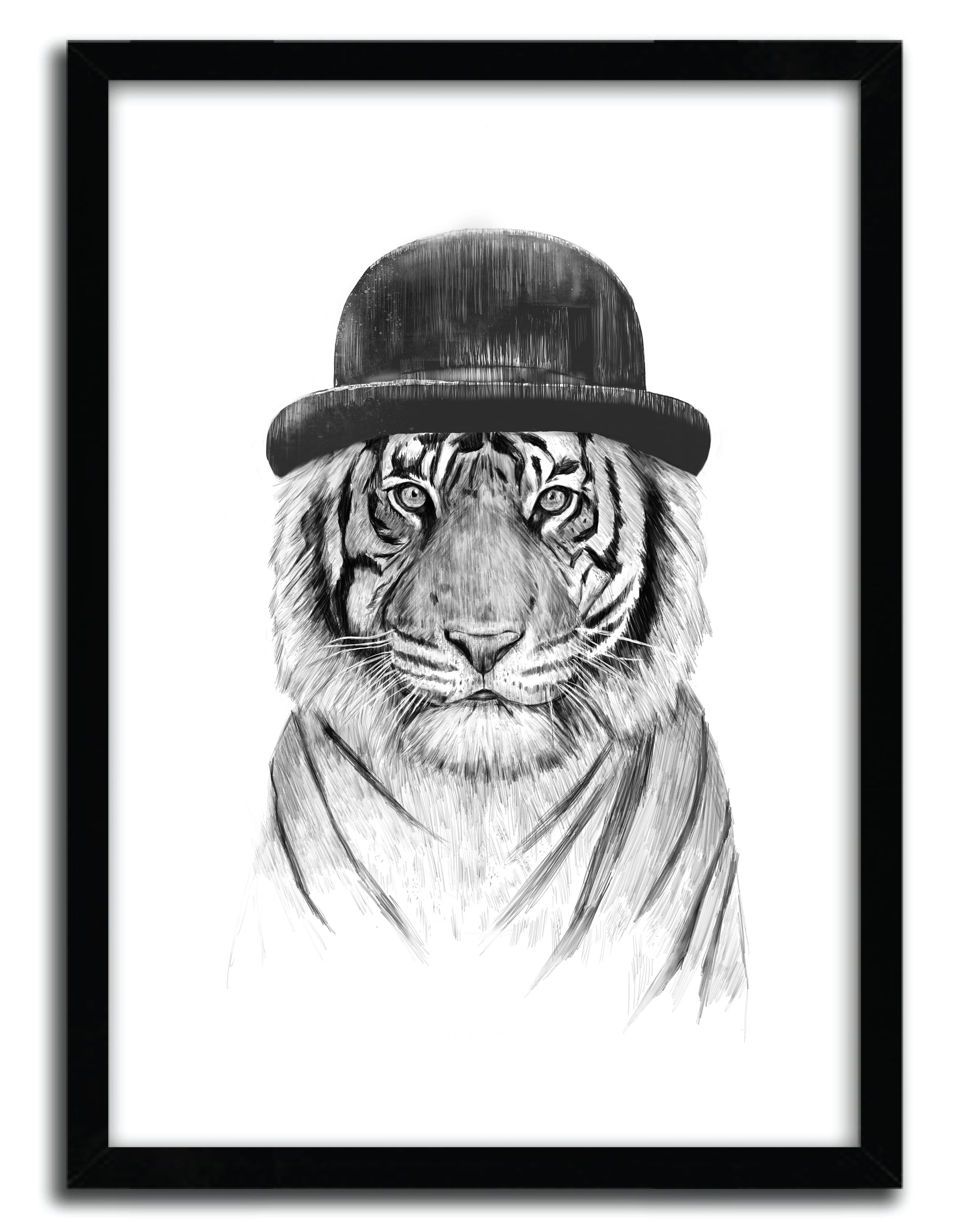 A vibrant art print titled 'Welcome to the Jungle' by Balazs Solti, showcasing lush greenery and exotic wildlife, printed on fine arts paper.