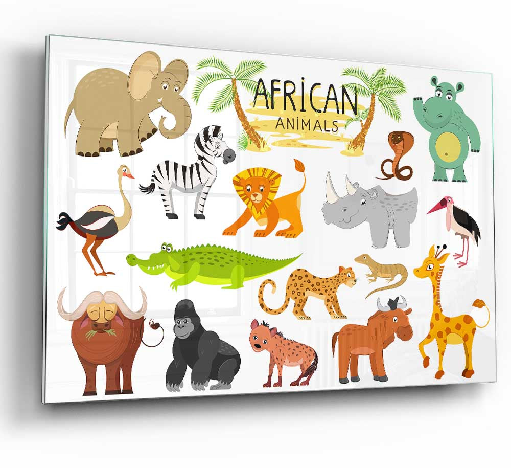 Colorful glass print featuring cartoon-style African animals, perfect for modern home decor.