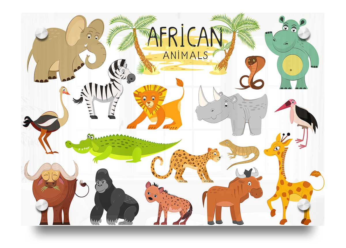 Colorful acrylic print featuring cartoon-style African animals, showcasing vibrant designs on 5mm thick acrylic glass.